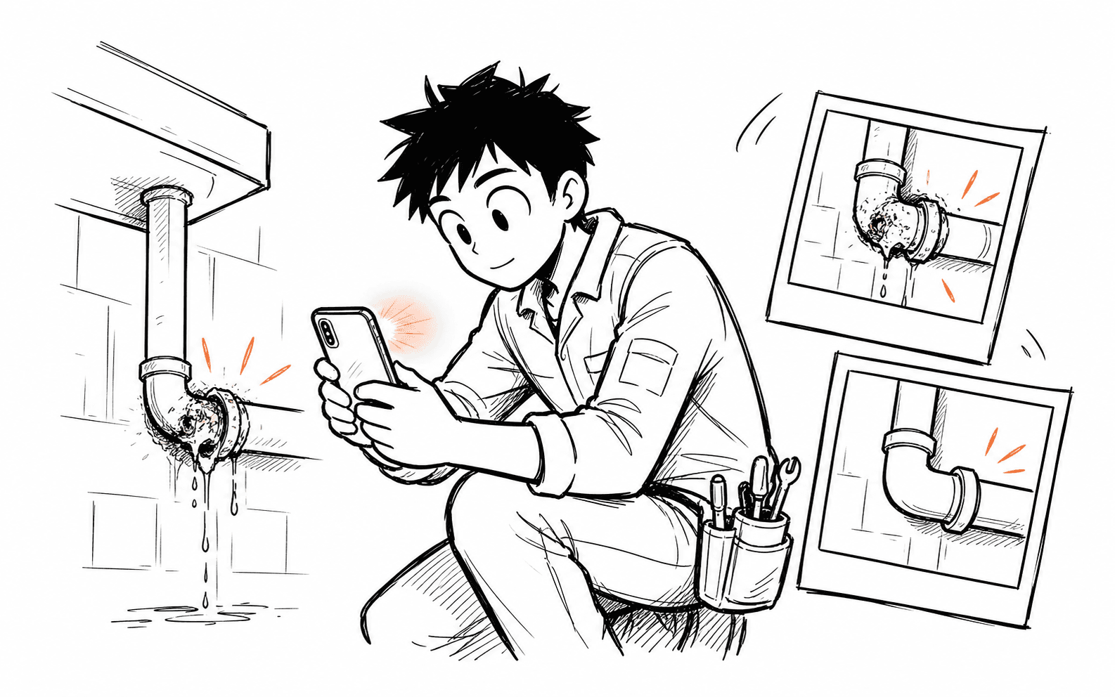Comic-Illustration eines Technikers, der einen Einsatz per Smartphone dokumentiert