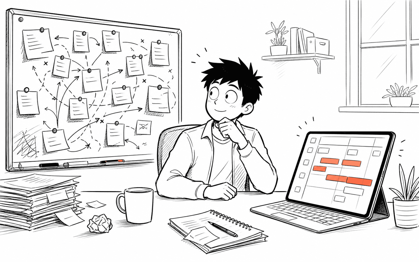 Comic-Illustration einer digitalen Einsatzplanung neben einem unruhigen Whiteboard