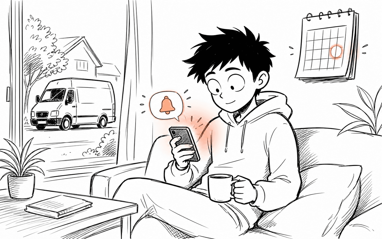 Comic-Illustration einer Termin-Erinnerung auf dem Smartphone vor einem Außendiensttermin