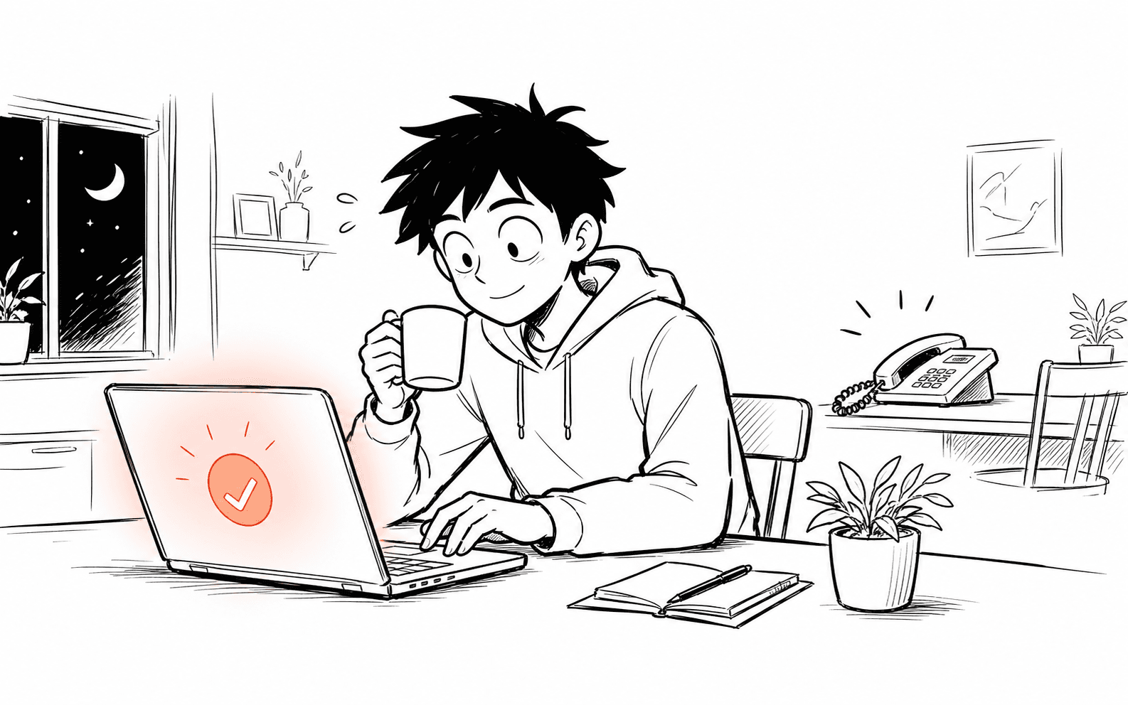 Comic-Illustration einer Online-Buchung am Abend mit ruhigem Telefon im Hintergrund