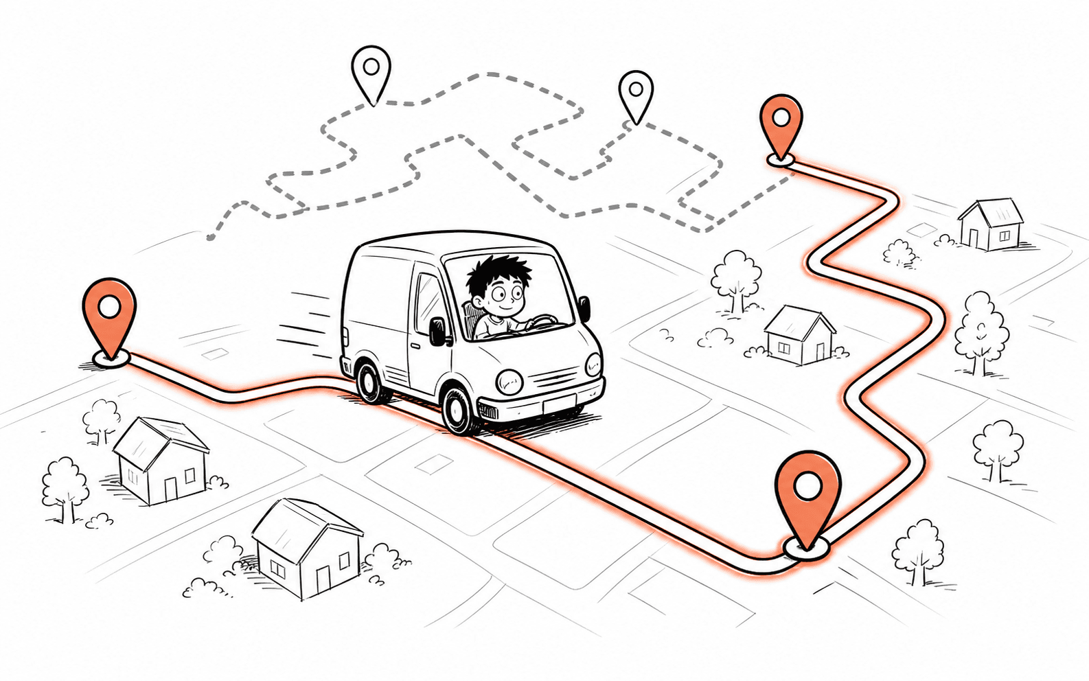 Comic-Illustration eines Servicefahrzeugs auf einer optimierten Route