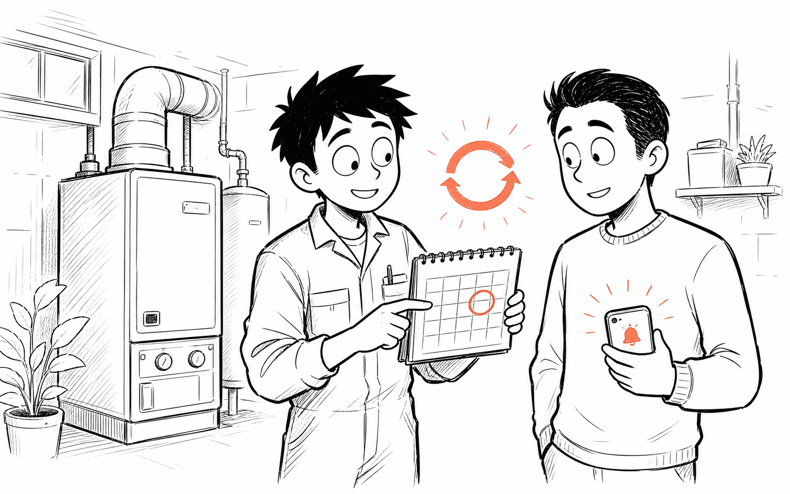 Comic-Illustration einer Wartungserinnerung an einer Heizungsanlage